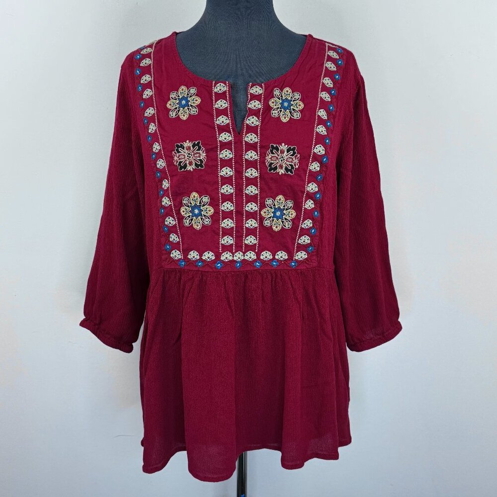 Northern Reflections Burgundy Embroidered Peasant Blouse L Crinkle Viscose Tunic
